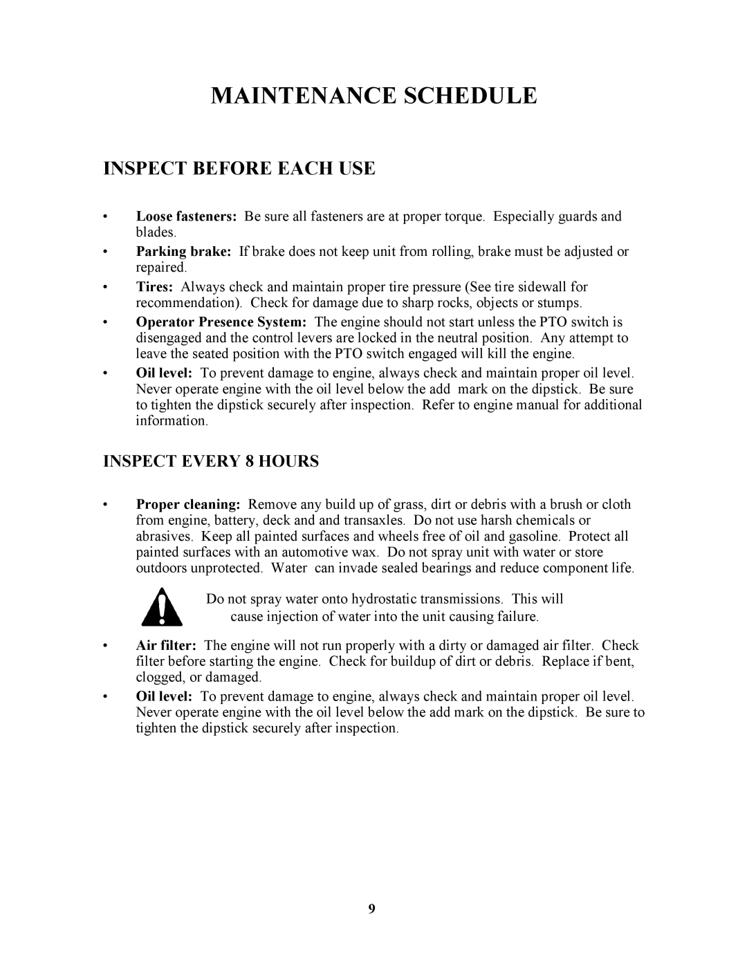 Swisher ZT2350 owner manual Maintenance Schedule, Inspect Before Each USE 