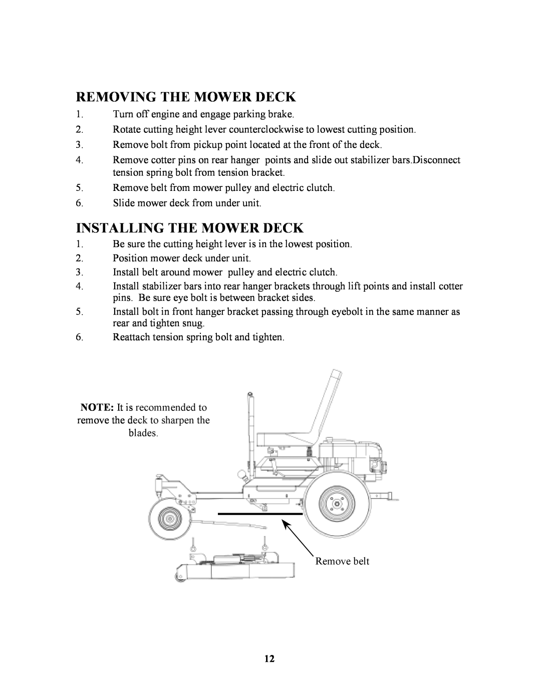 Swisher ZT2350 owner manual Removing The Mower Deck, Installing The Mower Deck 