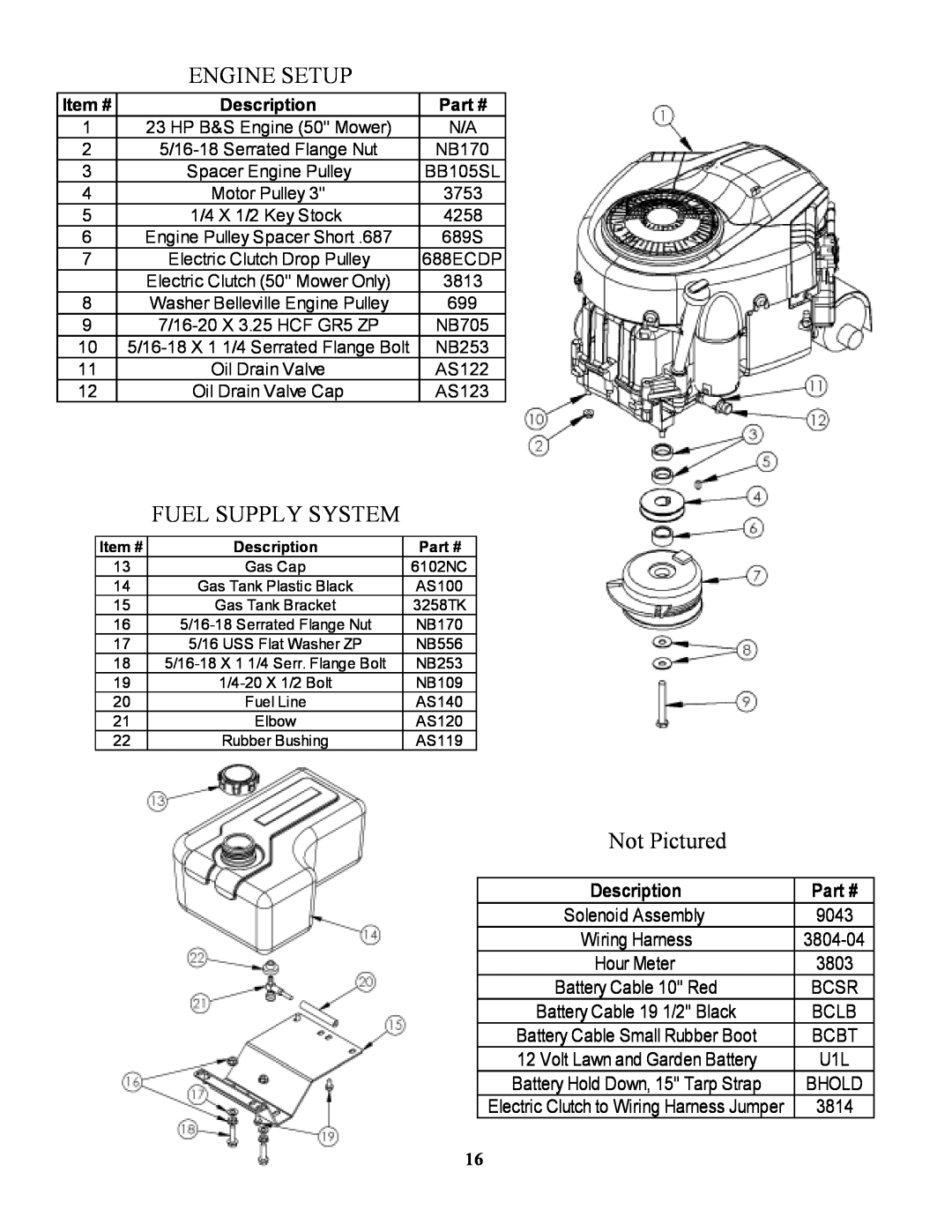 Swisher ZT2350 owner manual Engine Setup, Fuel Supply System, Not Pictured, Description, 9043, 3804-04, 3803, 3814 