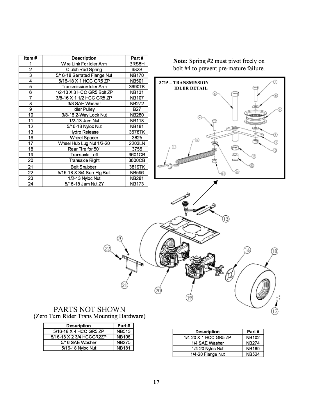 Swisher ZT2350 owner manual Parts Not Shown, Zero Turn Rider Trans Mounting Hardware 