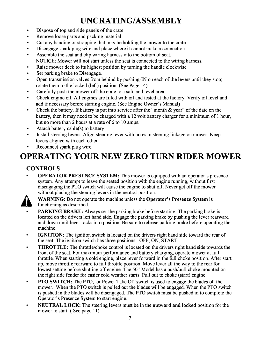 Swisher ZT2350 owner manual Uncrating/Assembly, Operating Your New Zero Turn Rider Mower, Controls 
