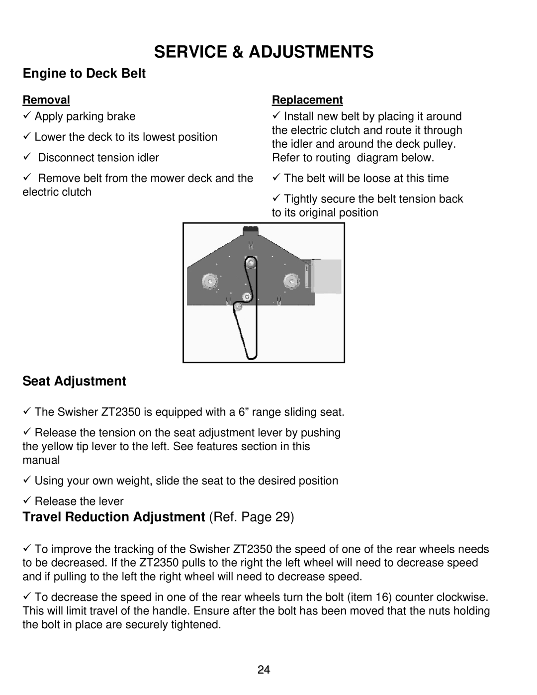 Swisher ZT2350A manual Engine to Deck Belt, Seat Adjustment, Travel Reduction Adjustment Ref 