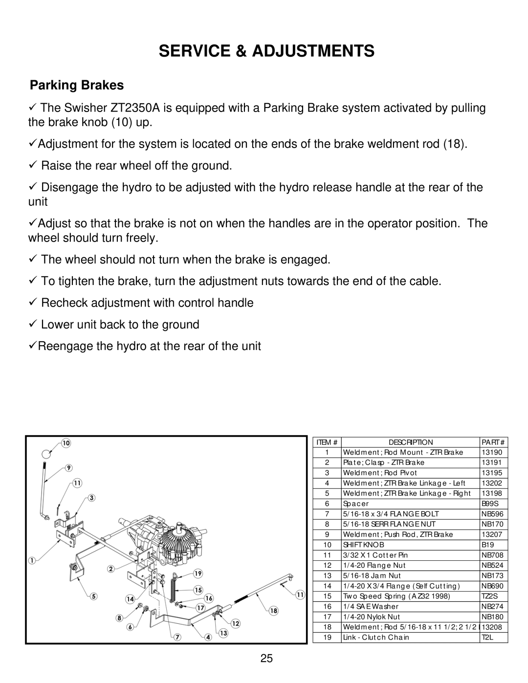 Swisher ZT2350A manual Parking Brakes, Item # Description 