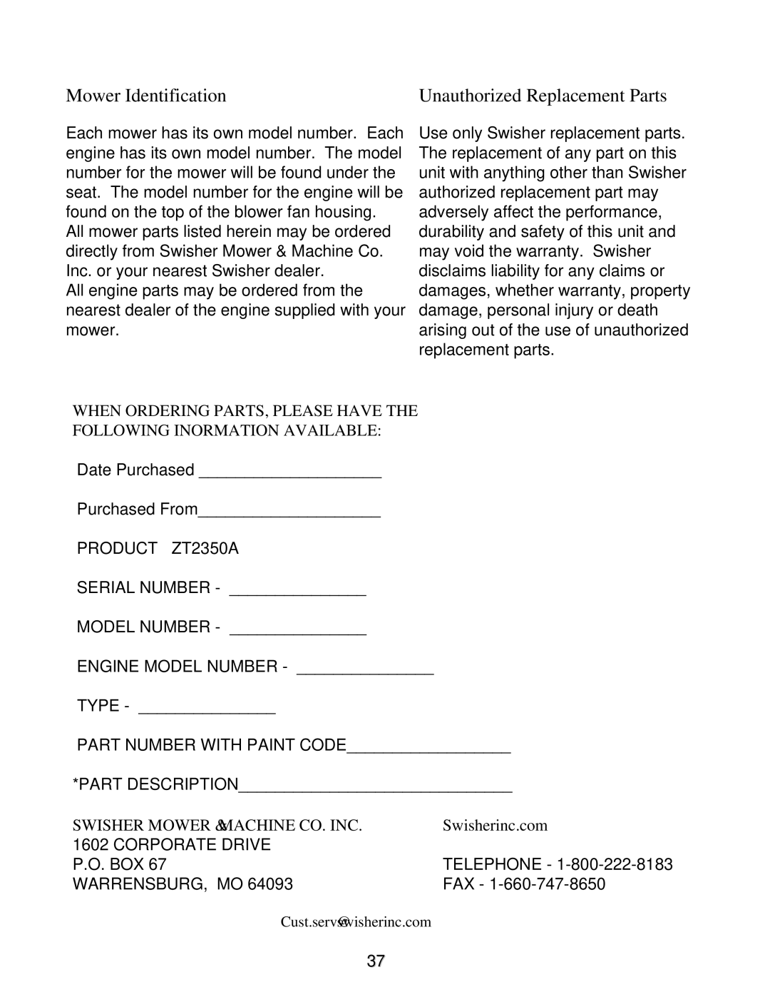 Swisher manual Mower Identification Unauthorized Replacement Parts, Product ZT2350A 