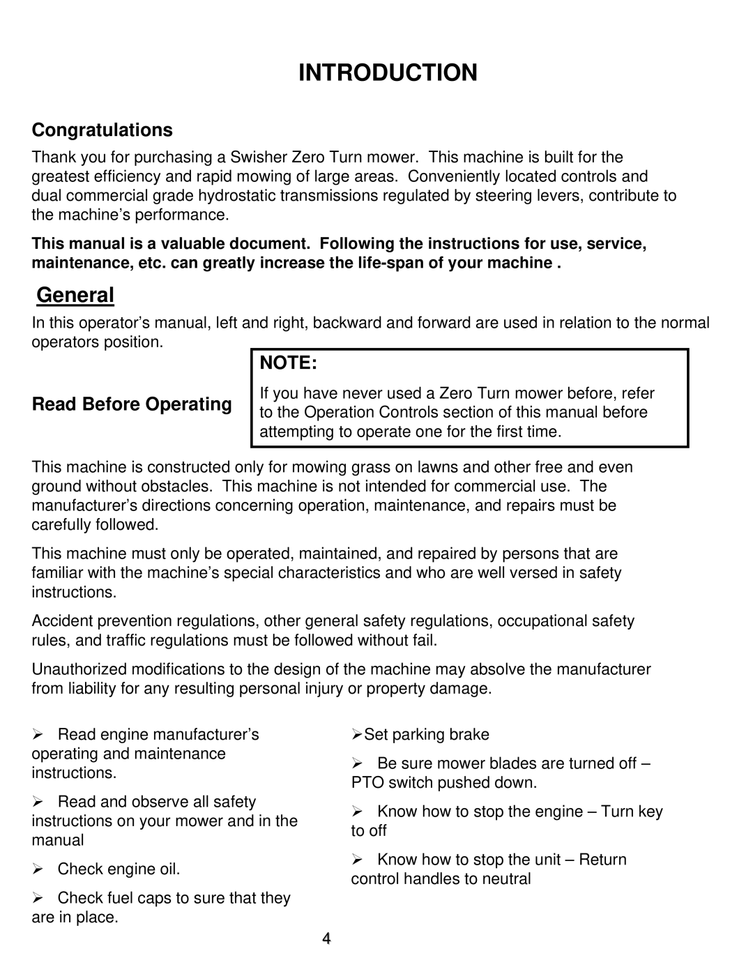 Swisher ZT2350A manual Introduction, Congratulations, Read Before Operating 