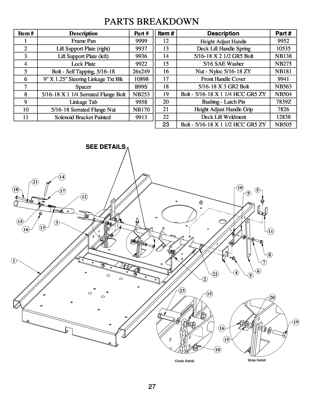Swisher ZT2350A manual Parts Breakdown, See Details, Item #, Description 