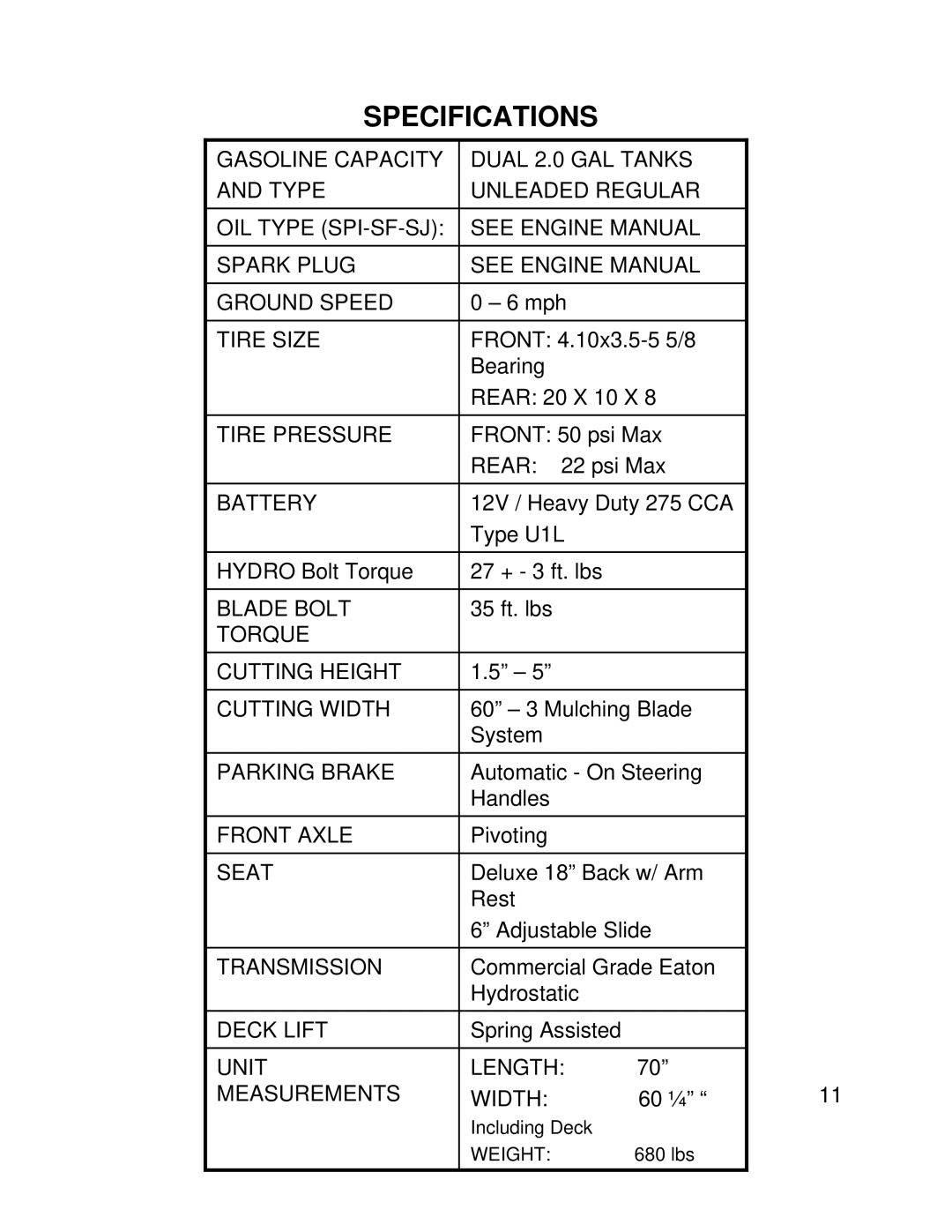 Swisher ZT2460 owner manual Specifications 