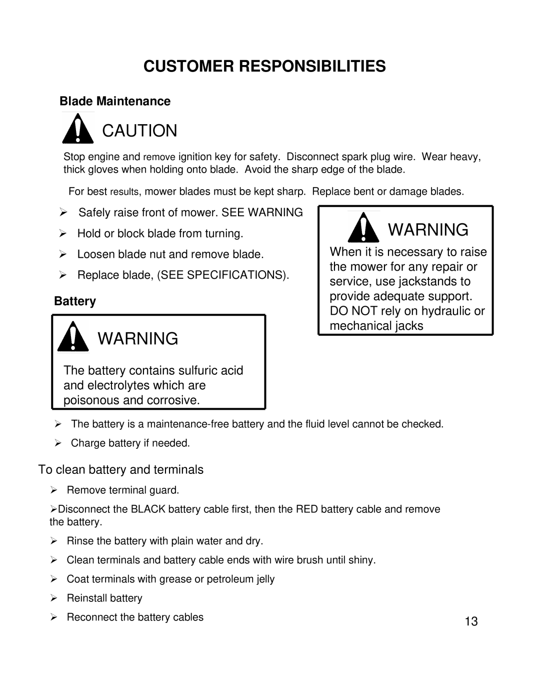 Swisher ZT2460 owner manual Blade Maintenance, Battery, To clean battery and terminals 