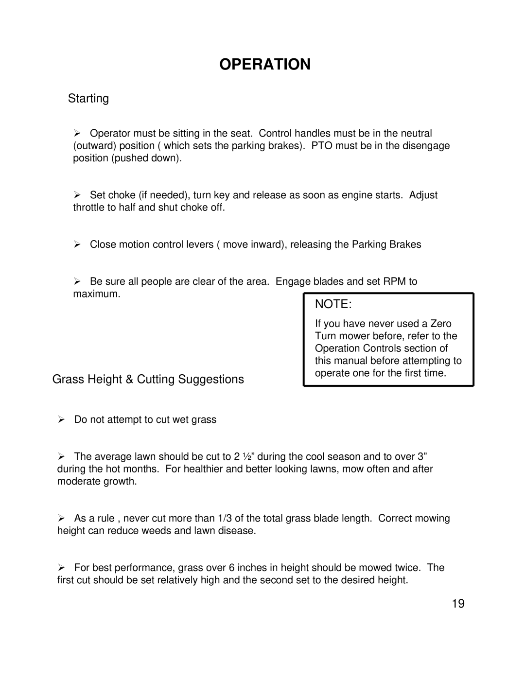 Swisher ZT2460 owner manual Starting, Grass Height & Cutting Suggestions 