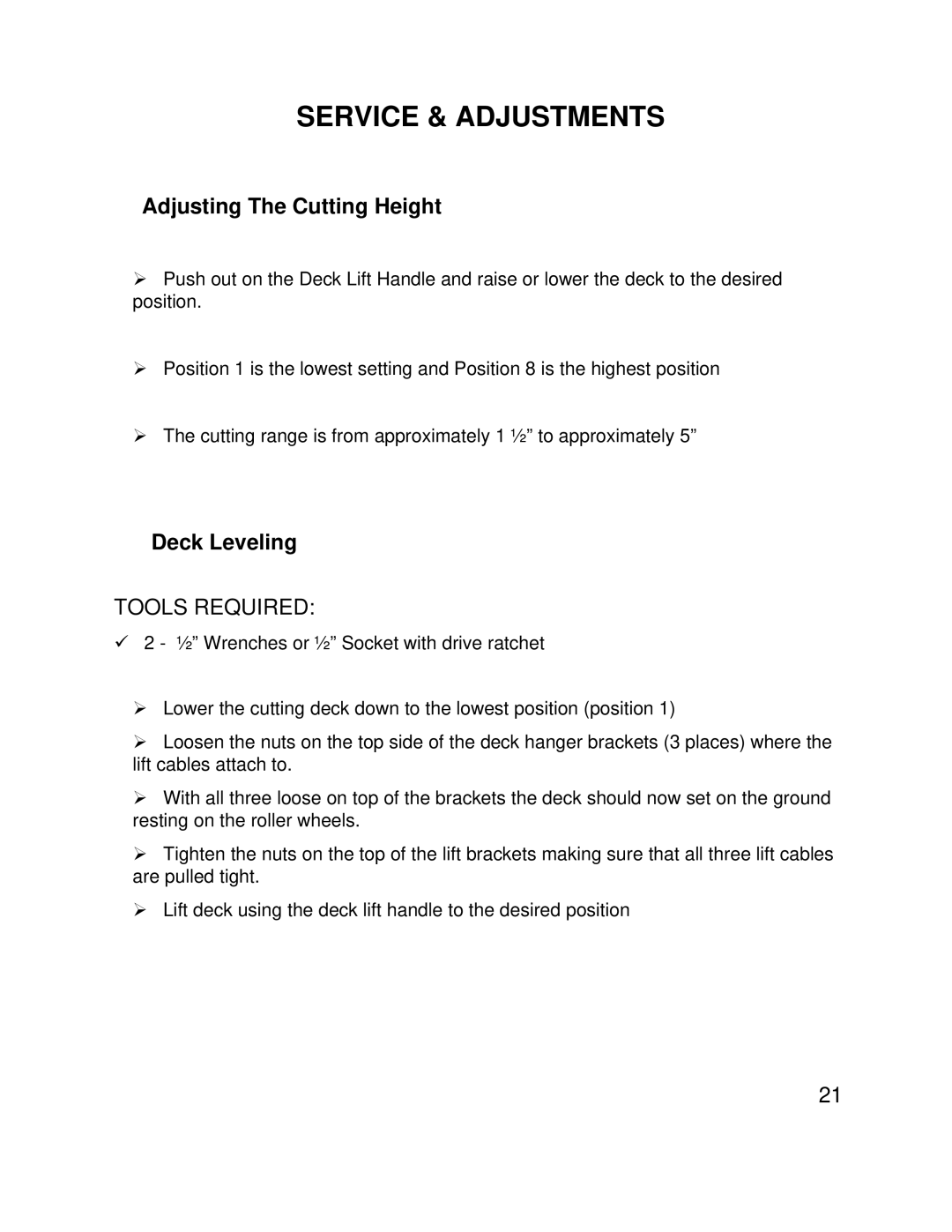 Swisher ZT2460 owner manual Service & Adjustments, Adjusting The Cutting Height, Deck Leveling 