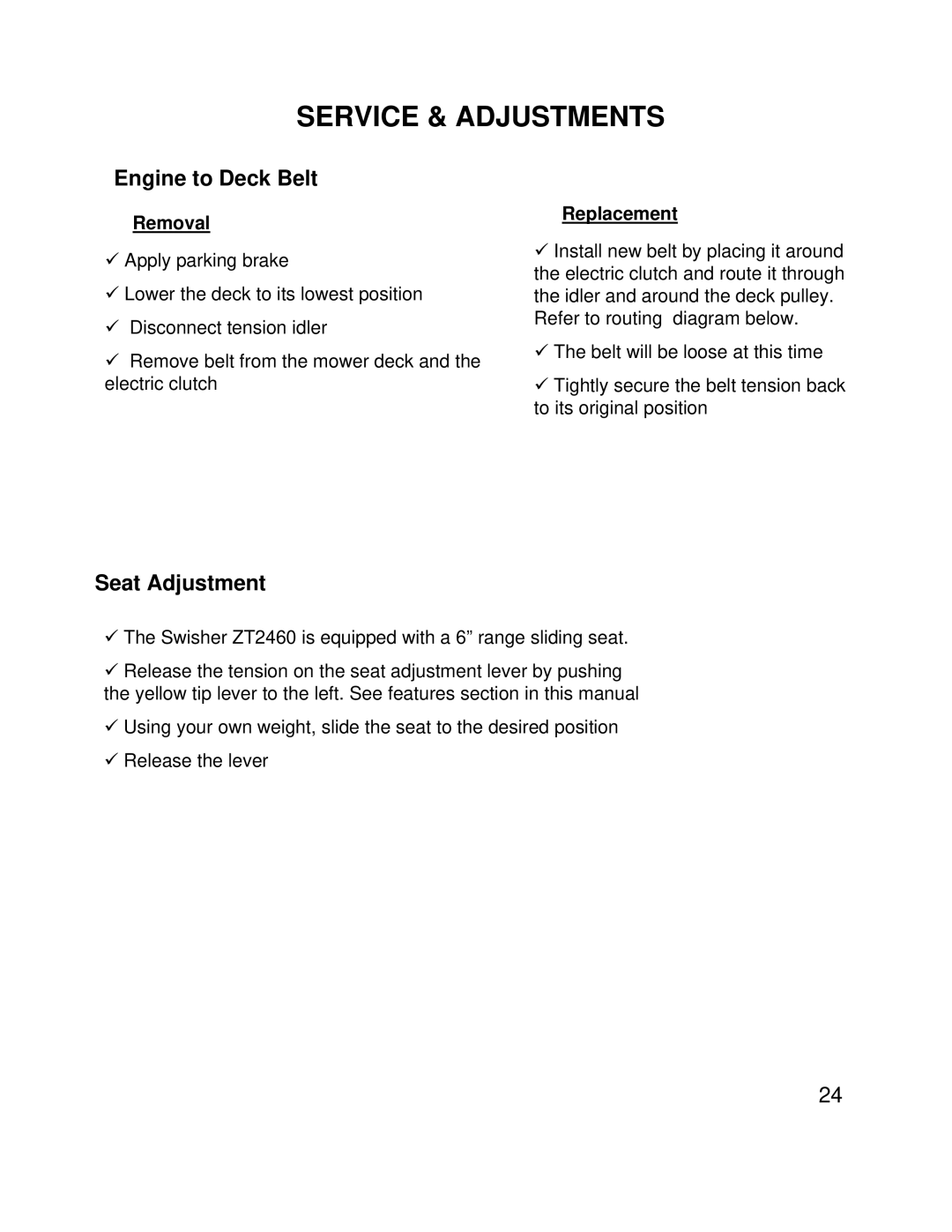 Swisher ZT2460 owner manual Engine to Deck Belt, Seat Adjustment 