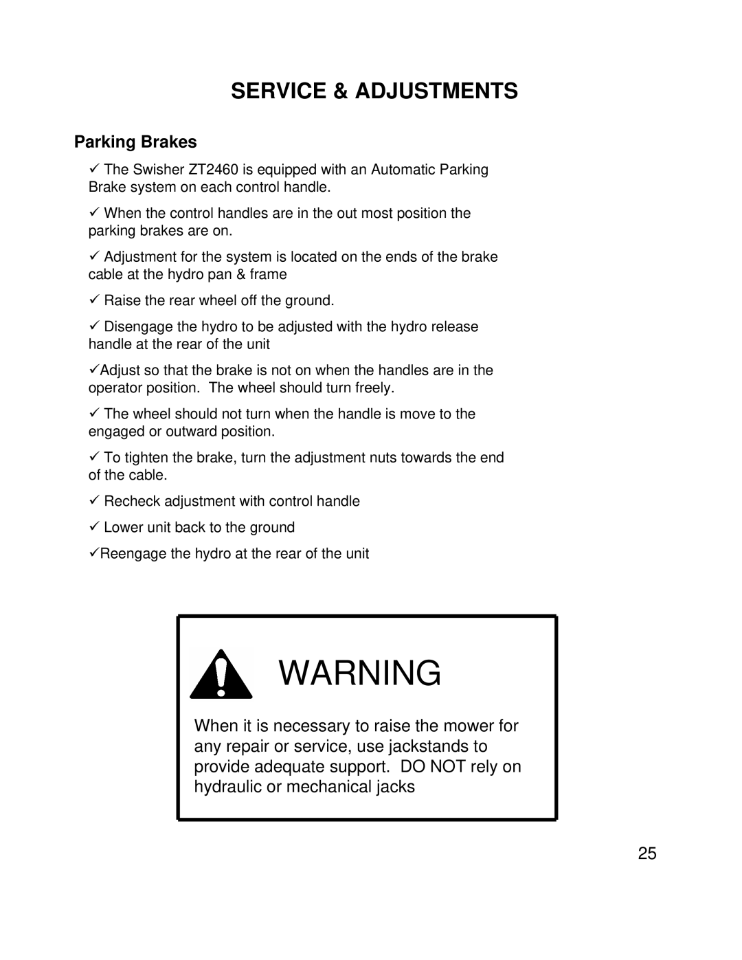 Swisher ZT2460 owner manual Parking Brakes 