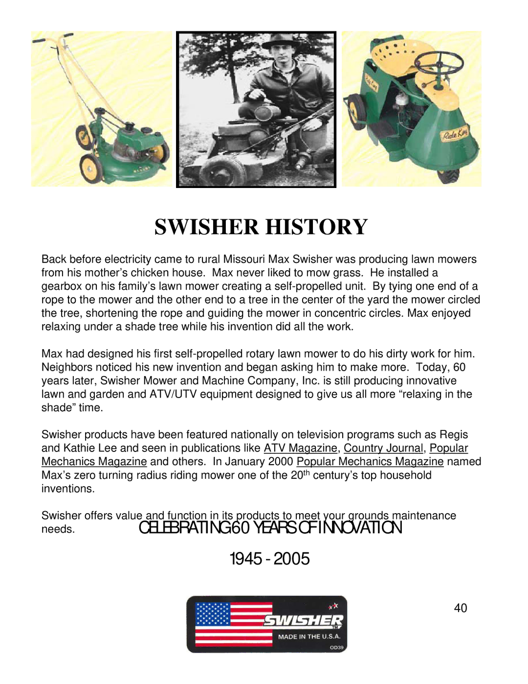 Swisher ZT2460 owner manual Swisher History 