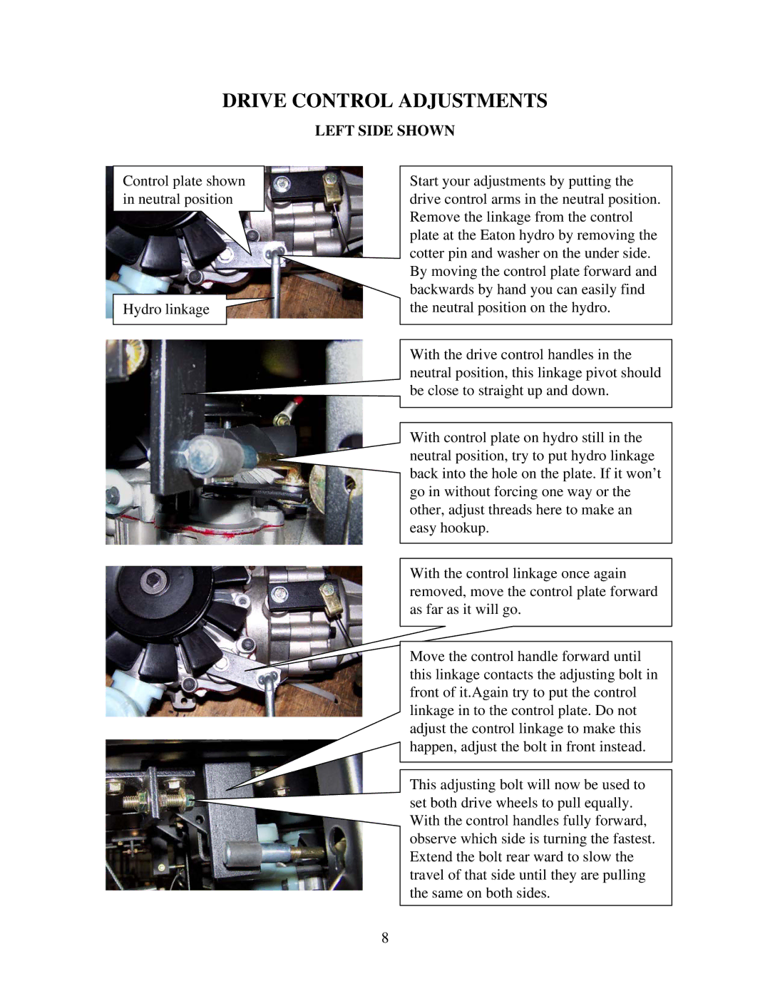 Swisher ZT2560 manual Drive Control Adjustments, Left Side Shown 