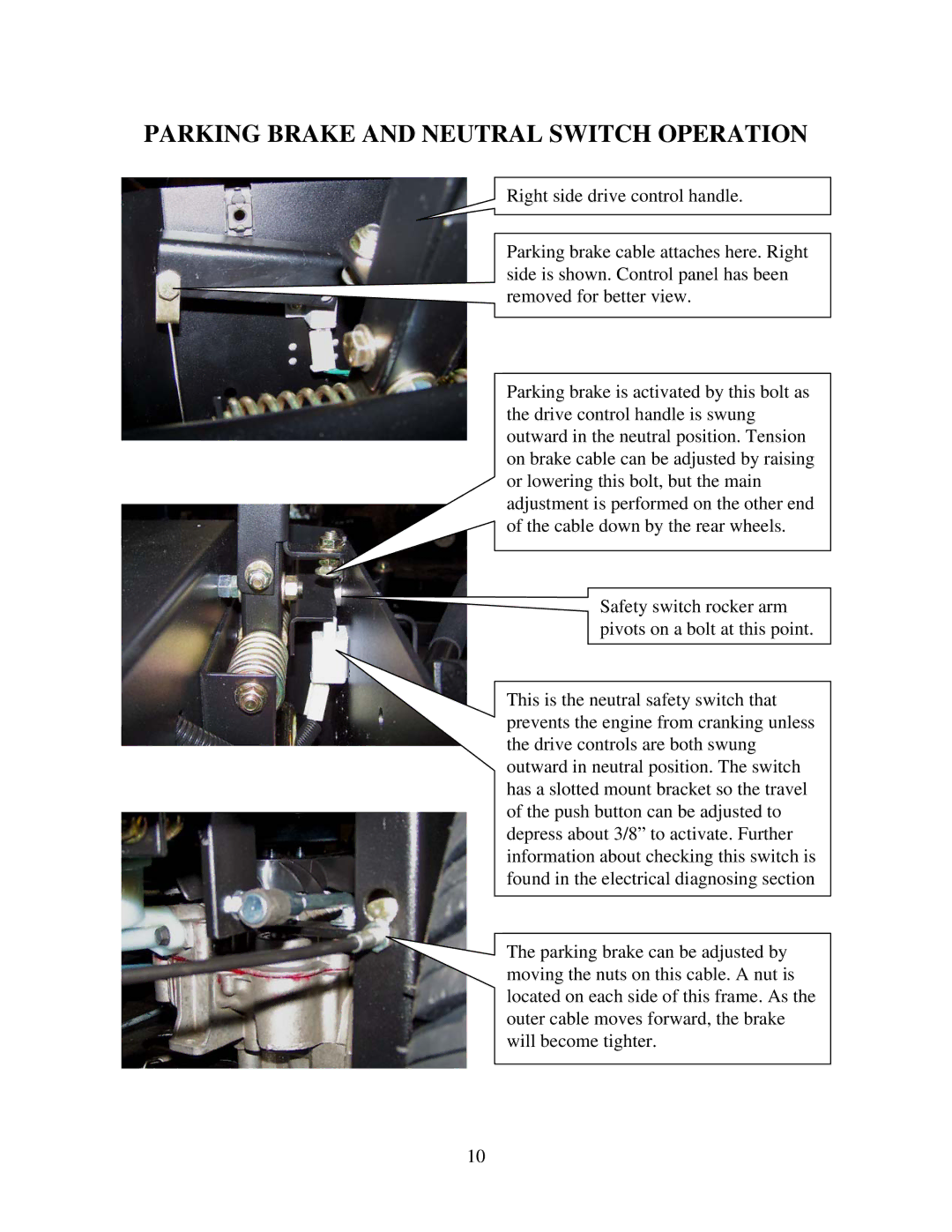 Swisher ZT2560 manual Parking Brake and Neutral Switch Operation 