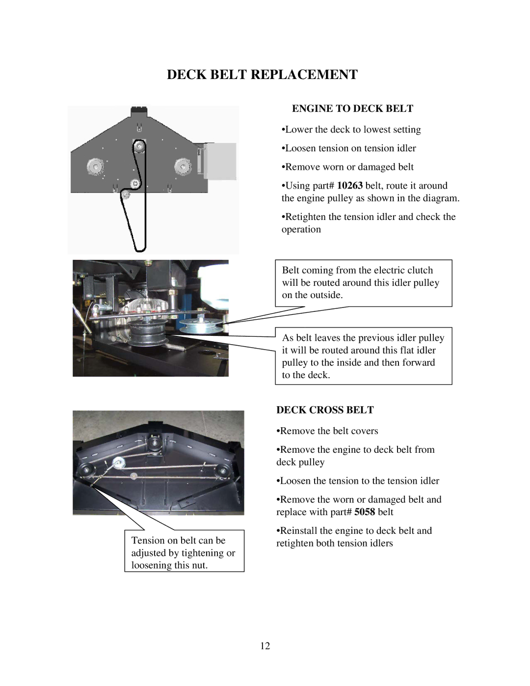 Swisher ZT2560 manual Deck Belt Replacement, Engine to Deck Belt, Deck Cross Belt 