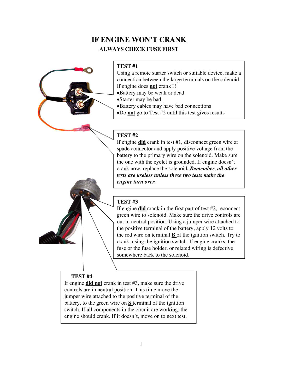 Swisher ZT2560 manual If Engine WON’T Crank, Always Check Fuse First Test #1, Test #2, Test #3, Test #4 