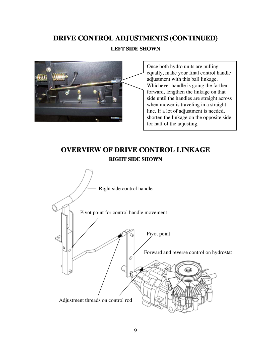 Swisher ZT2560 Drive Control Adjustments Continued, Overview Of Drive Control Linkage, Left Side Shown, Right Side Shown 