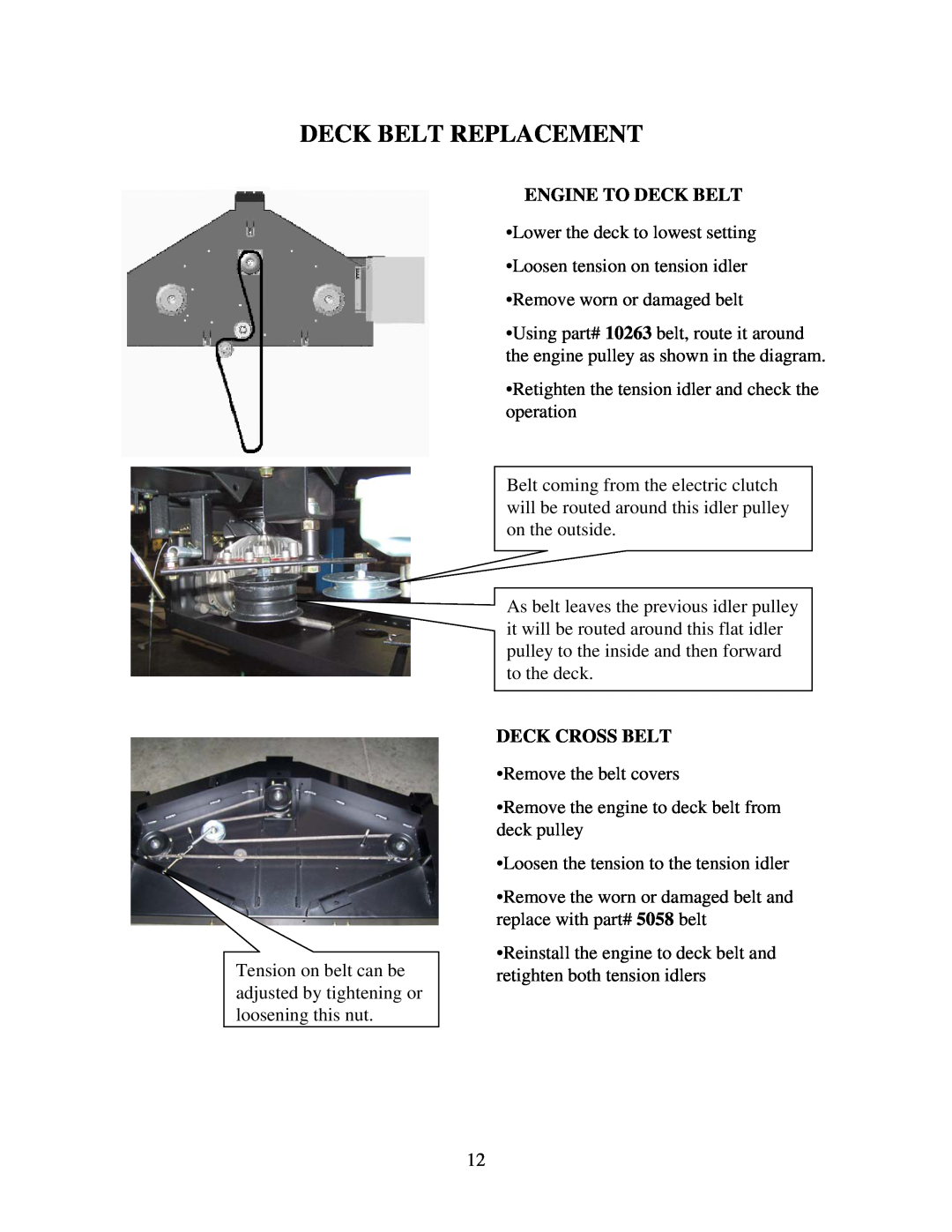 Swisher ZT2560 manual Deck Belt Replacement, Engine To Deck Belt, Deck Cross Belt 