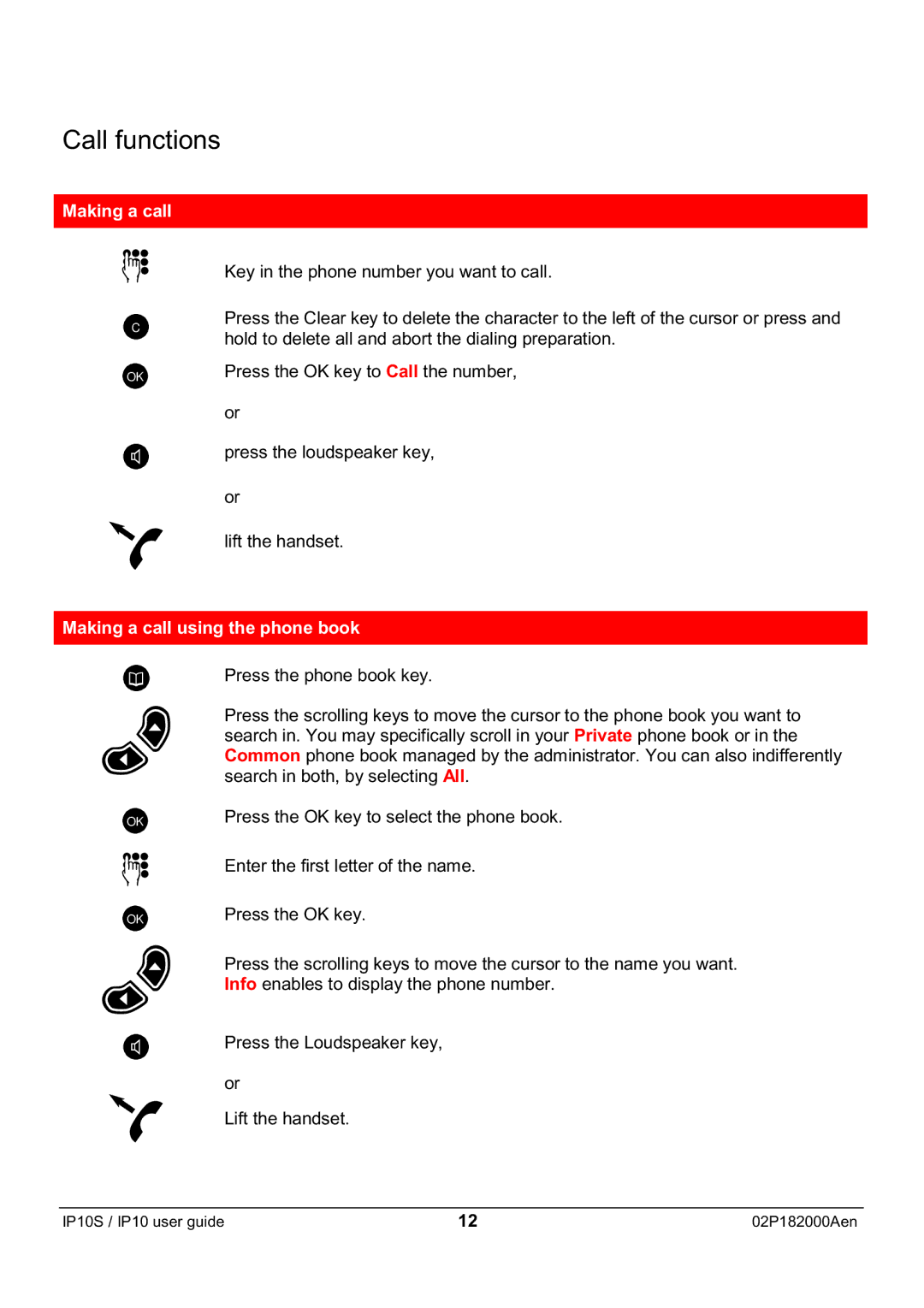 Swiss Diamond IP10S manual Call functions, Making a call using the phone book 