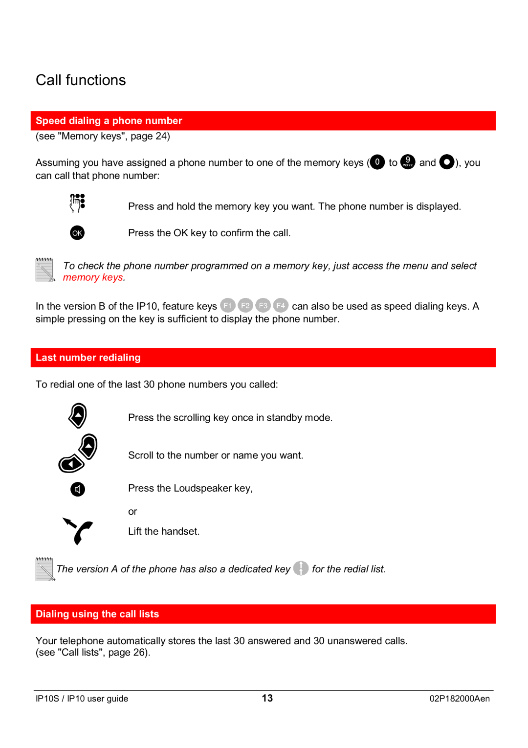 Swiss Diamond IP10S manual Speed dialing a phone number, Last number redialing, Dialing using the call lists 