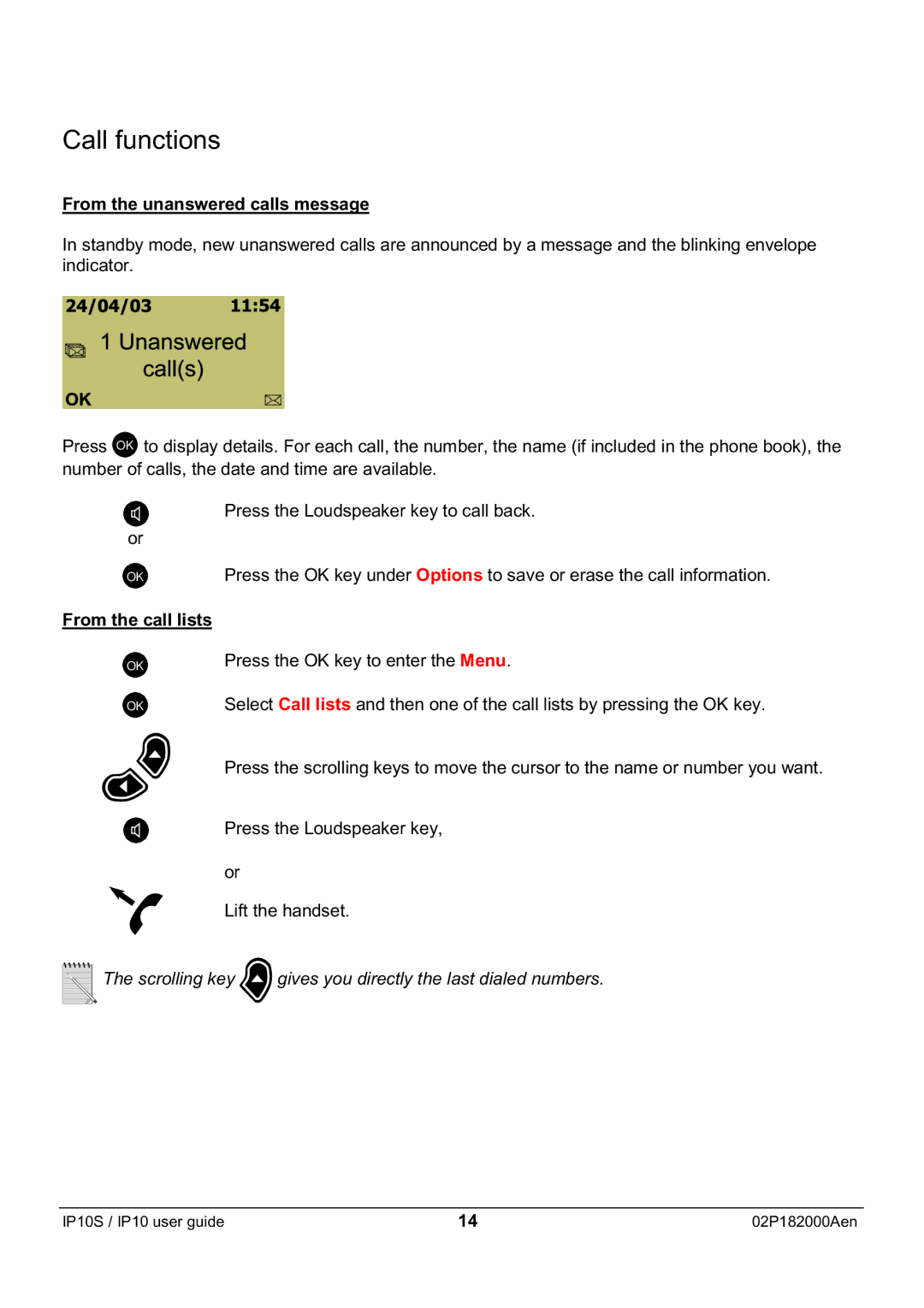 Swiss Diamond IP10S manual From the unanswered calls message, From the call lists 