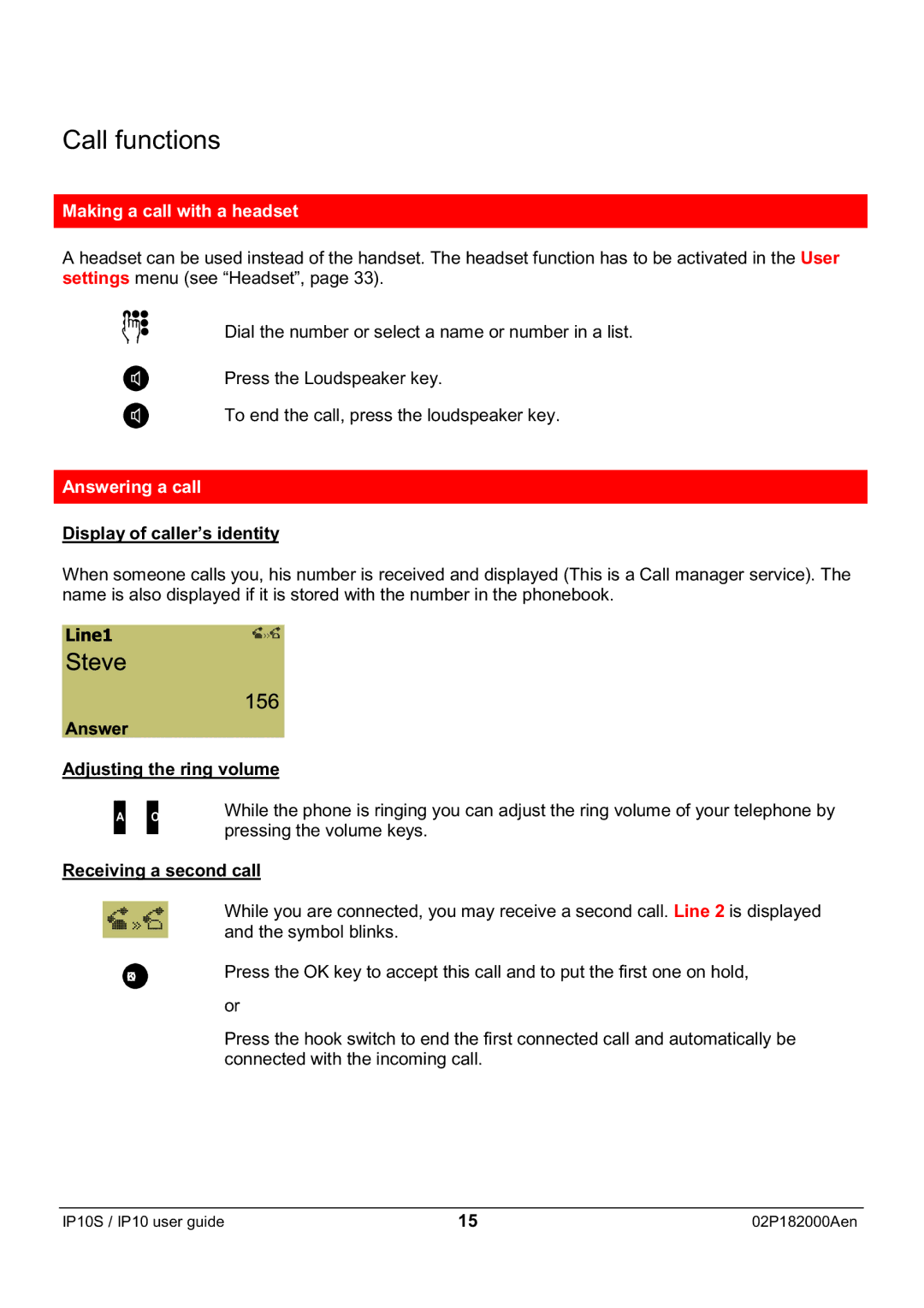 Swiss Diamond IP10S Making a call with a headset, Answering a call, Display of caller’s identity, Receiving a second call 