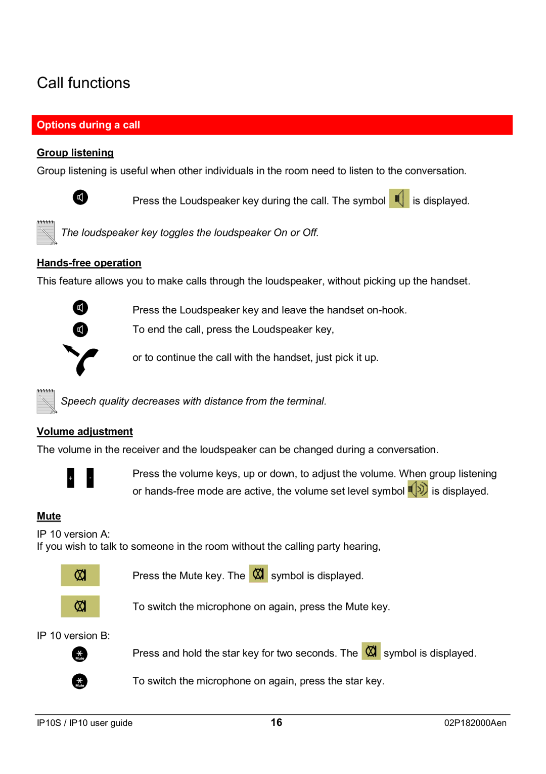 Swiss Diamond IP10S manual Options during a call, Group listening, Hands-free operation, Volume adjustment, Mute 