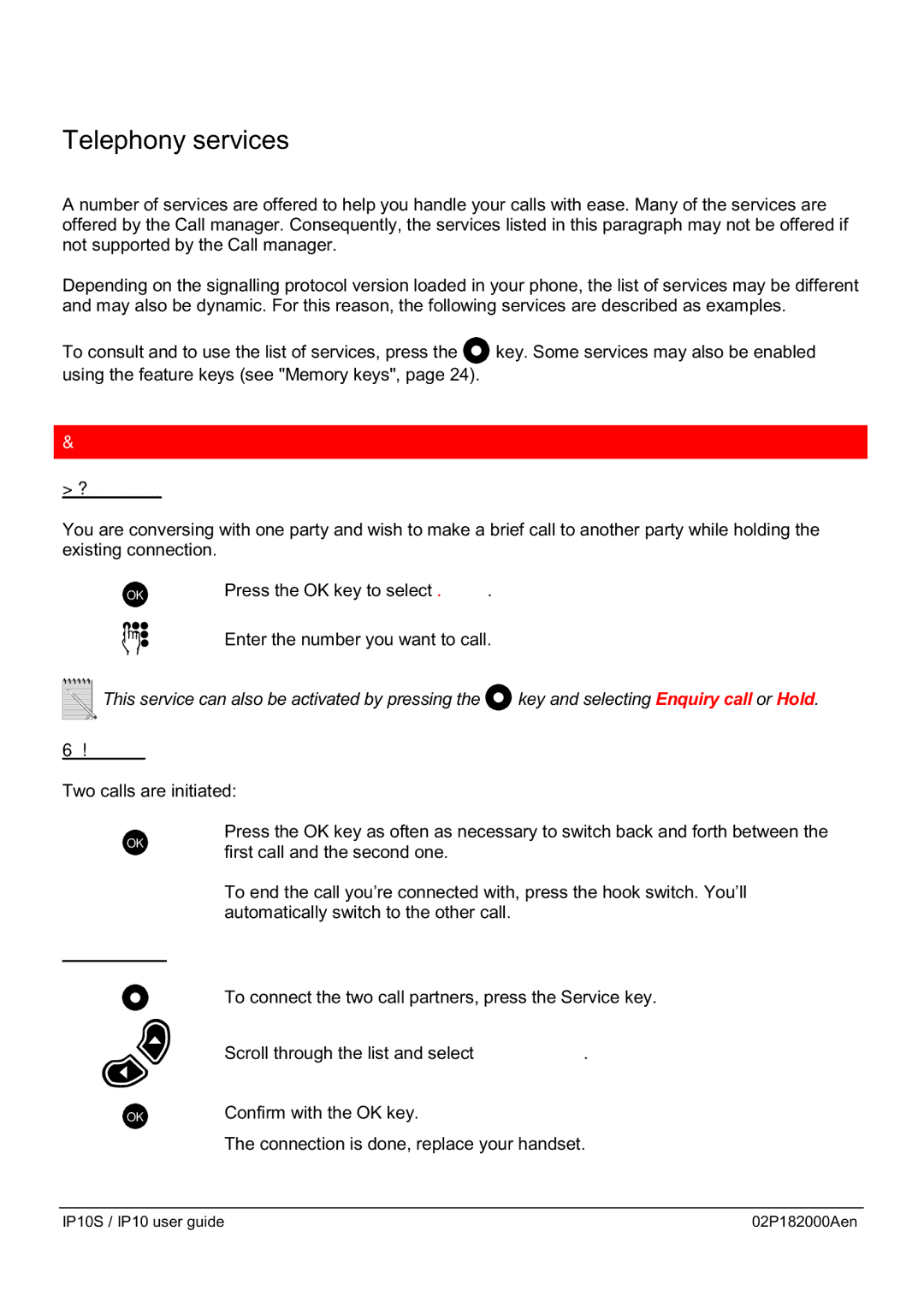 Swiss Diamond IP10S manual Telephony services, Using services during a call, Enquiry call, Brokering, Transfer call 