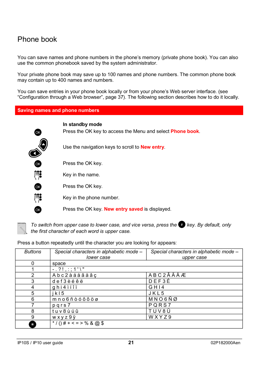 Swiss Diamond IP10S manual Phone book, Saving names and phone numbers, Standby mode 