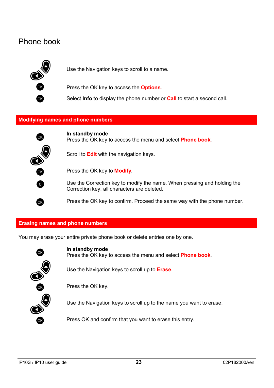 Swiss Diamond IP10S manual Modifying names and phone numbers, Erasing names and phone numbers 