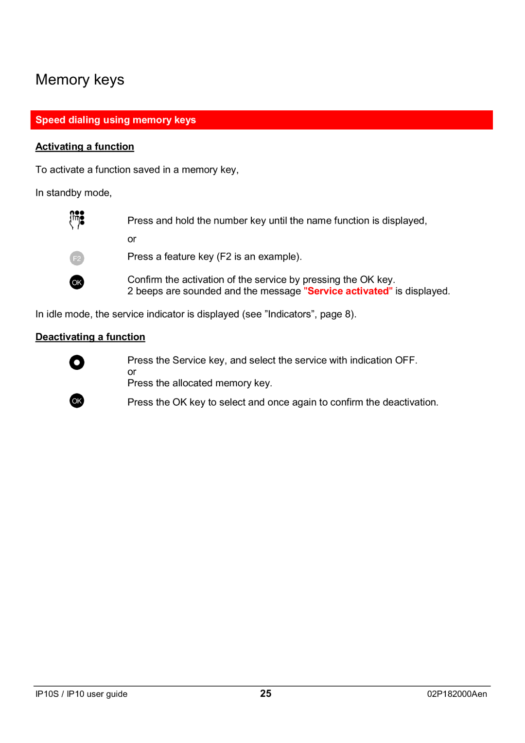 Swiss Diamond IP10S manual Speed dialing using memory keys, Activating a function, Deactivating a function 