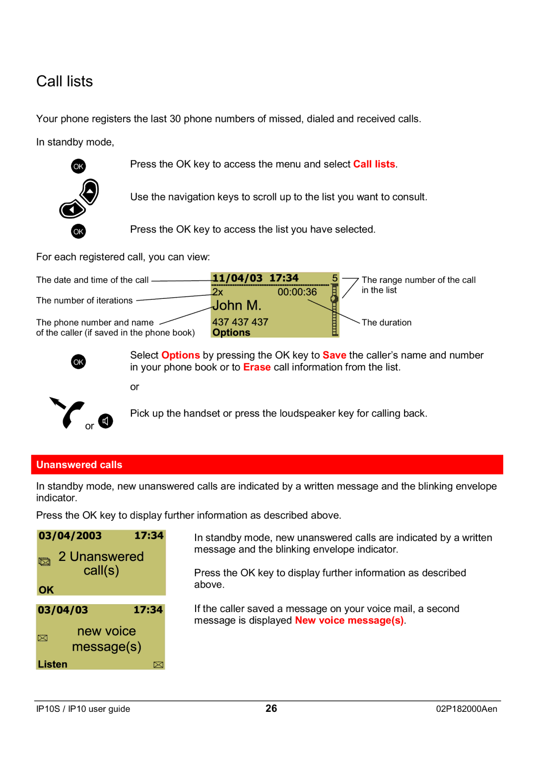 Swiss Diamond IP10S manual Call lists, Unanswered calls 