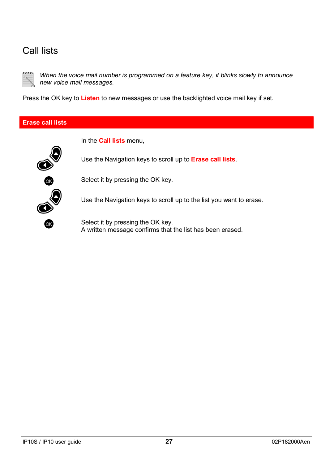 Swiss Diamond IP10S manual Erase call lists, Select it by pressing the OK key 