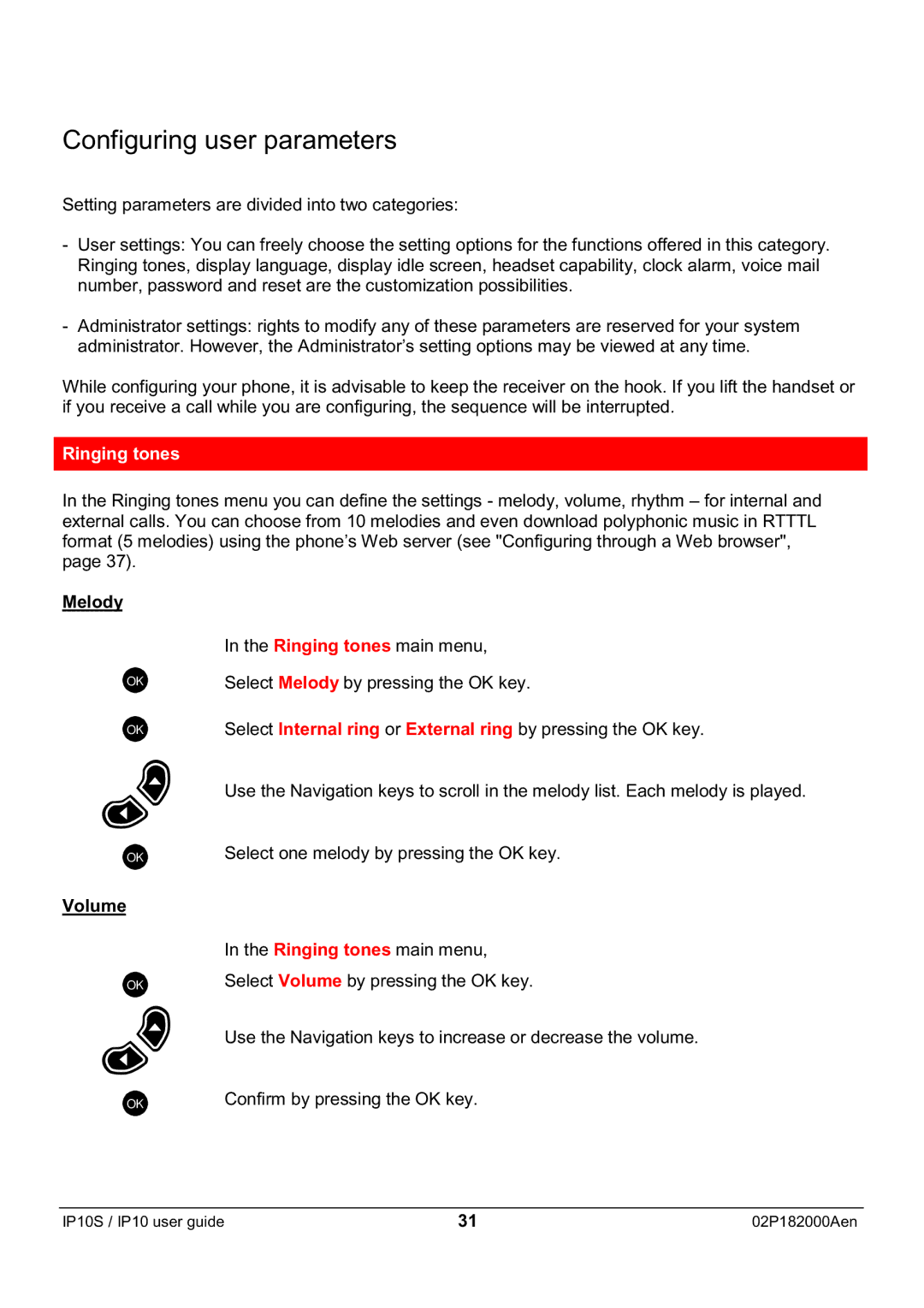 Swiss Diamond IP10S manual Configuring user parameters, Ringing tones, Melody Volume 