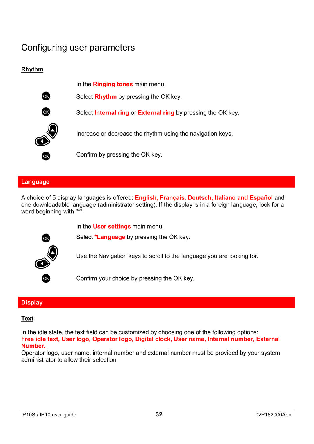 Swiss Diamond IP10S manual Rhythm, Language, Display, Text 