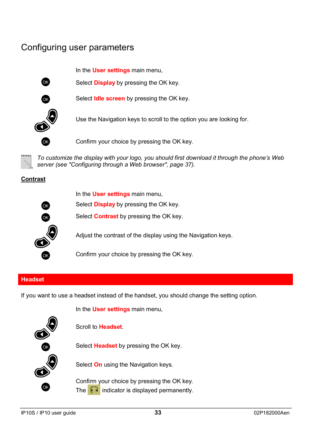 Swiss Diamond IP10S manual Contrast, Headset 