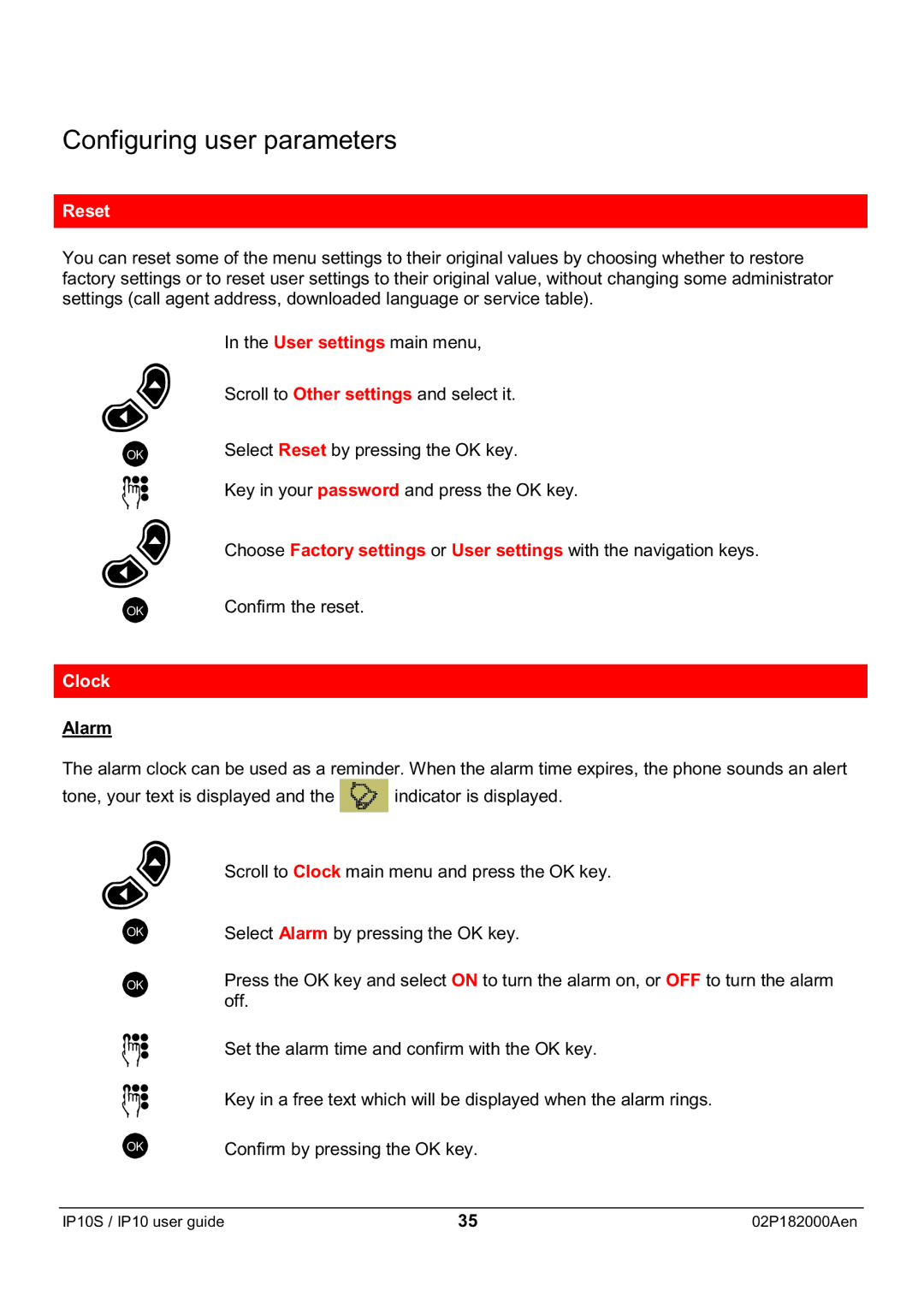 Swiss Diamond IP10S manual Reset, Clock, Alarm 