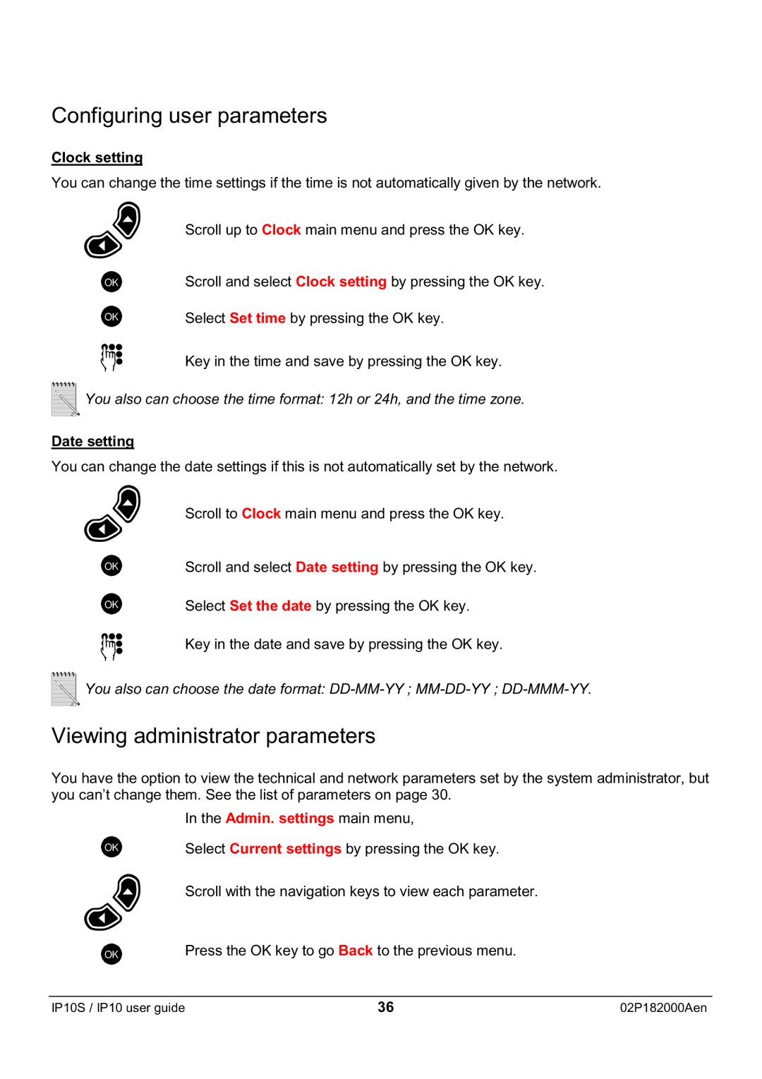 Swiss Diamond IP10S manual Viewing administrator parameters, Clock setting, Date setting 