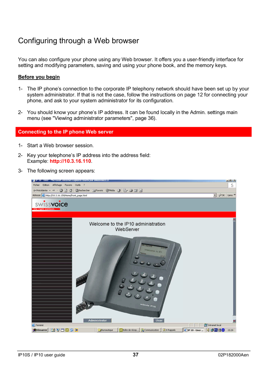 Swiss Diamond IP10S manual Configuring through a Web browser, Before you begin, Connecting to the IP phone Web server 