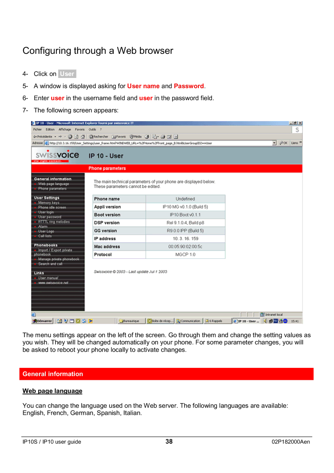 Swiss Diamond IP10S manual General information, Web page language 