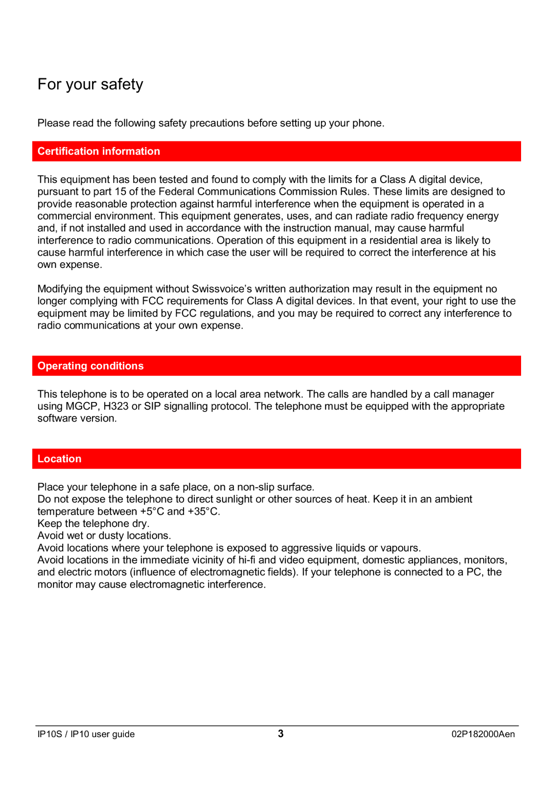 Swiss Diamond IP10S manual For your safety, Certification information, Operating conditions, Location 