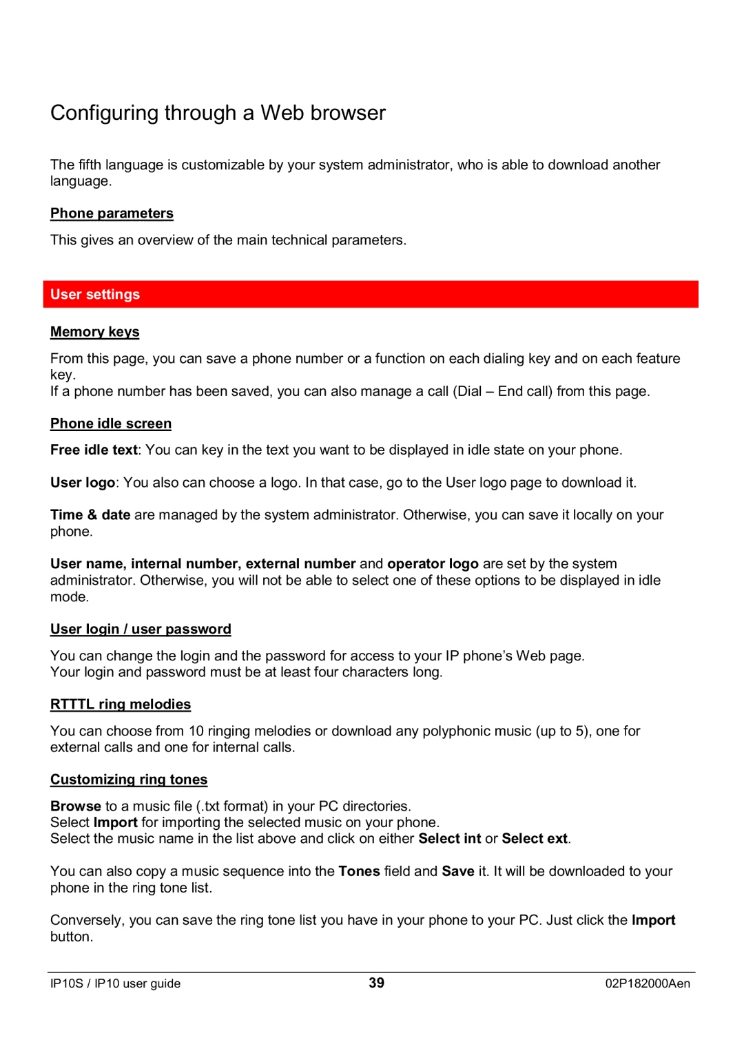 Swiss Diamond IP10S manual User settings 