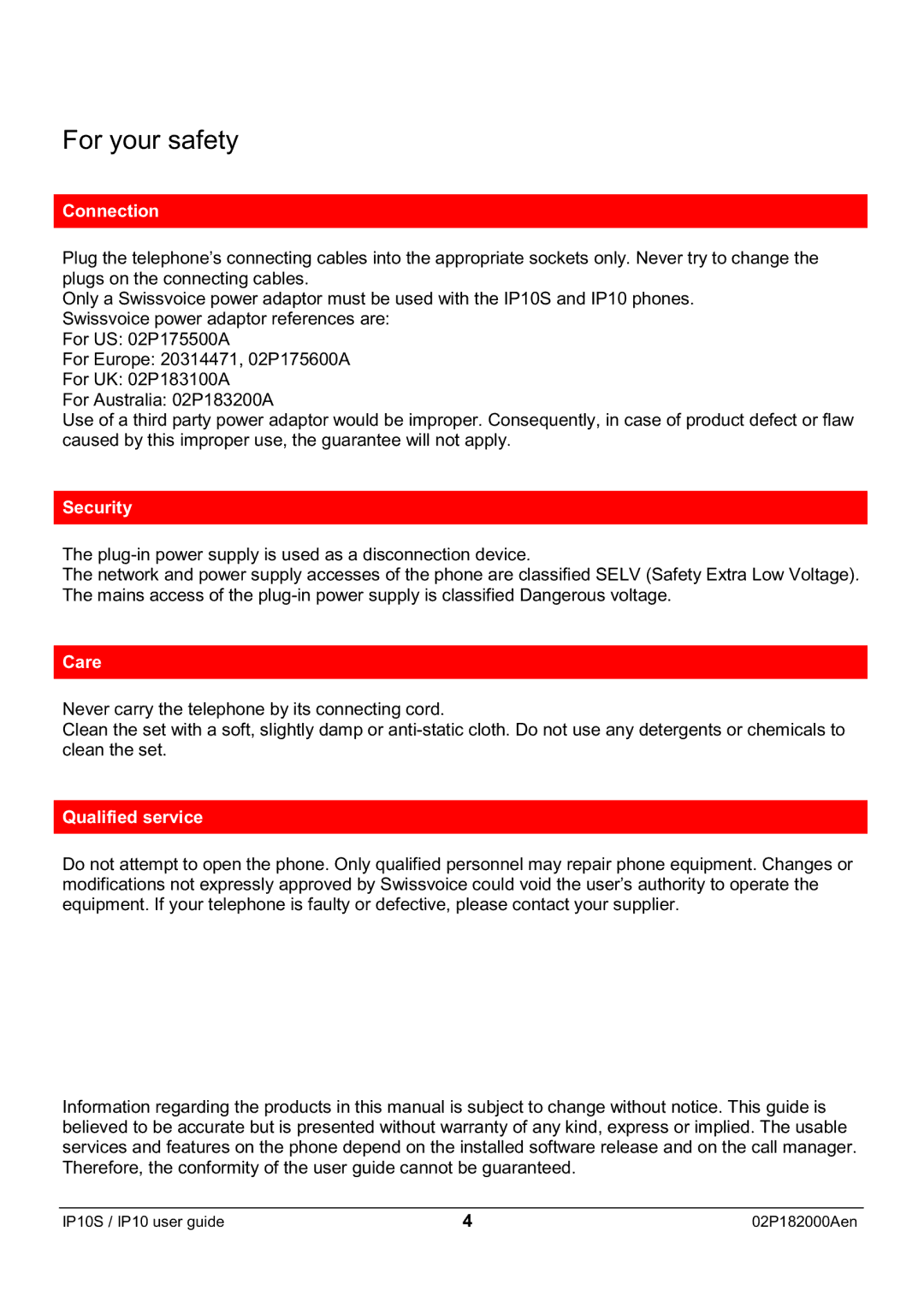 Swiss Diamond IP10S manual Connection, Security, Care, Qualified service 