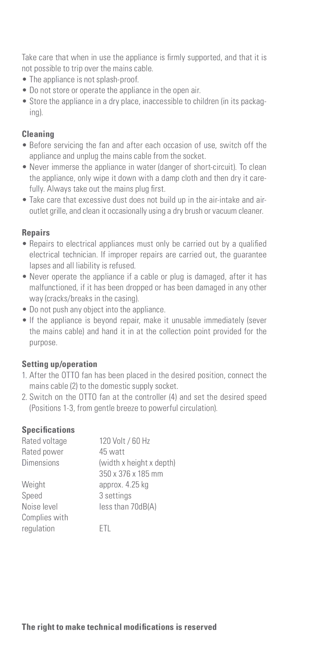 Swizz Style Otto manual Cleaning, Repairs, Setting up/operation, Specifications 