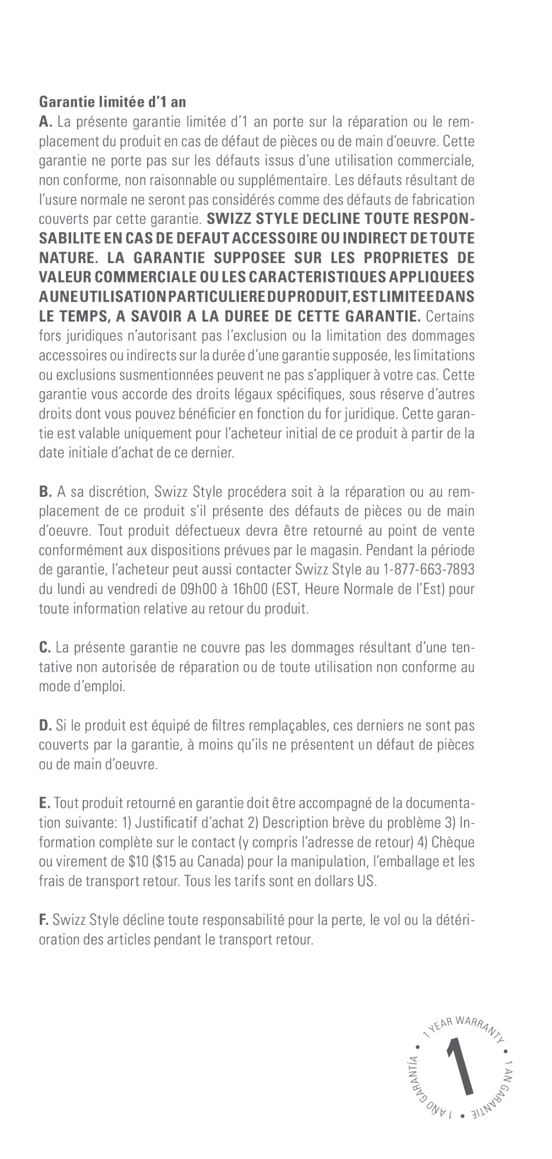 Swizz Style Otto manual Garantie limitée d’1 an 