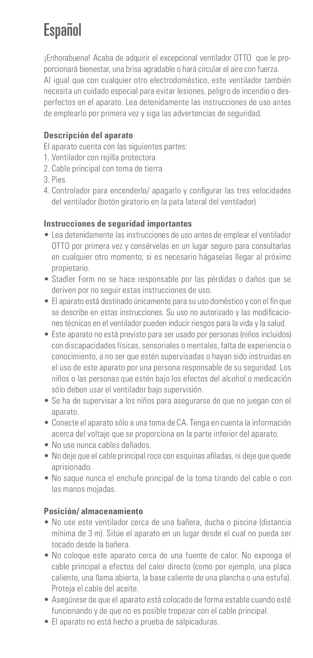 Swizz Style Otto manual Español, Descripción del aparato, Instrucciones de seguridad importantes, Posición/ almacenamiento 