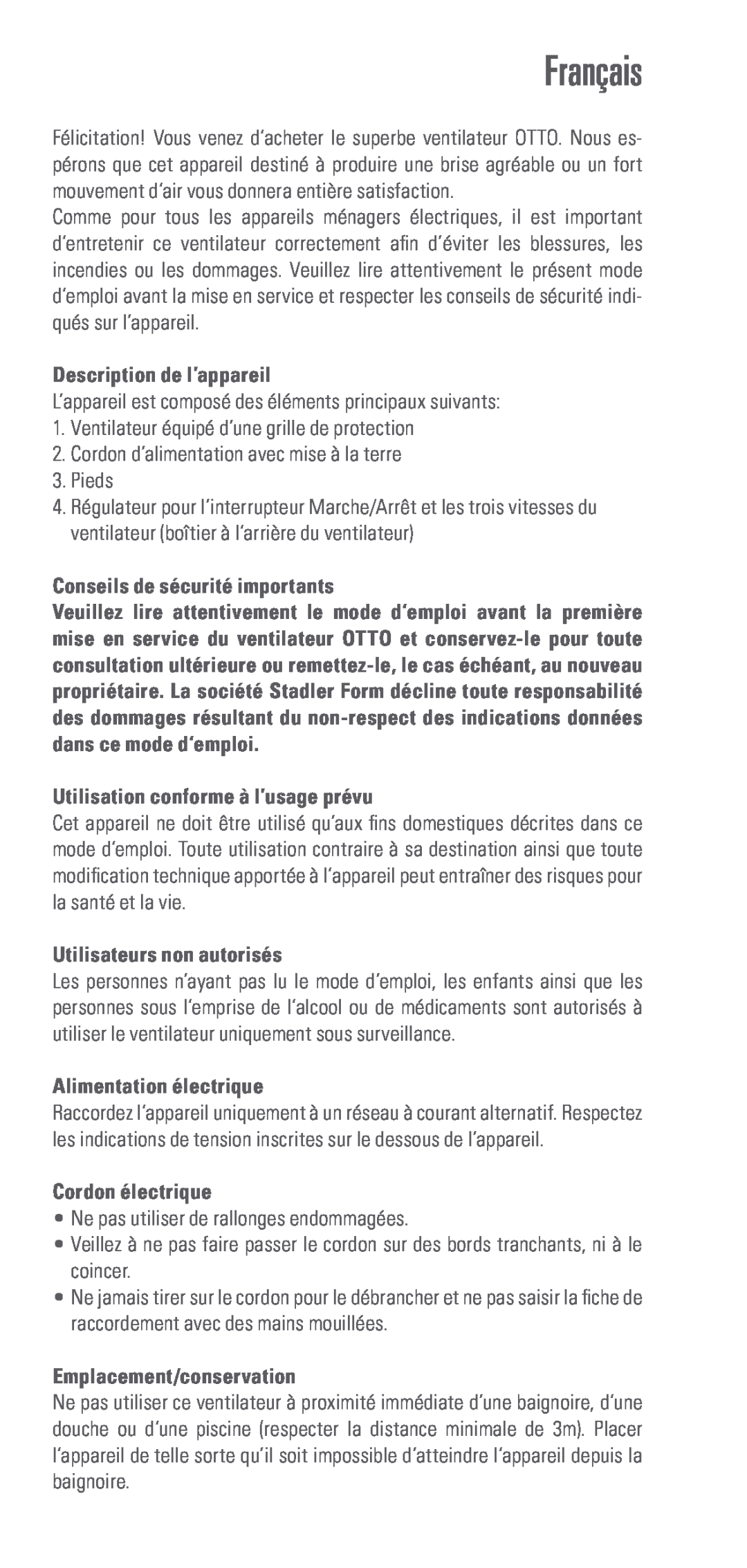 Swizz Style Otto manual Français, Description de l’appareil, Conseils de sécurité importants, Utilisateurs non autorisés 
