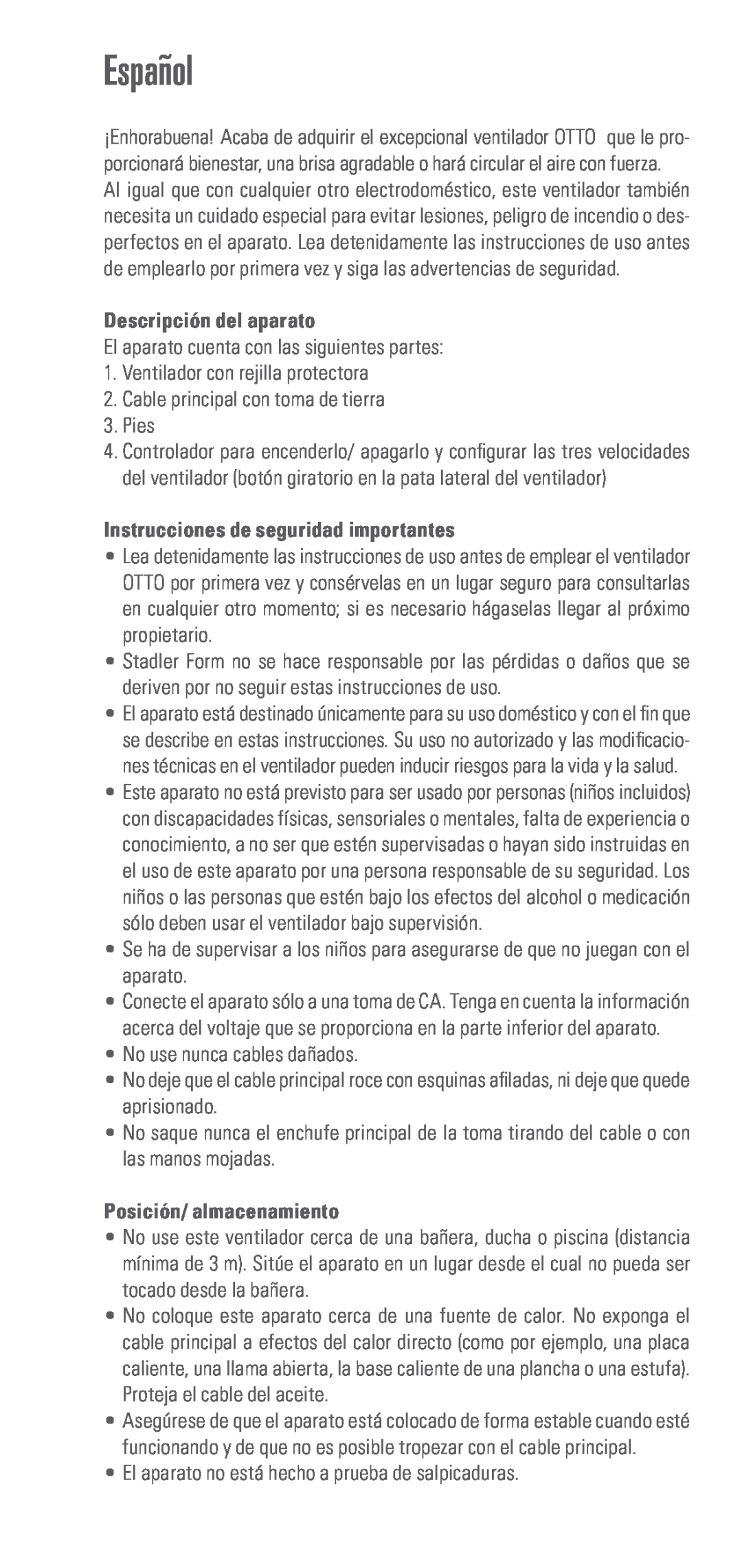 Swizz Style Otto manual Español, Descripción del aparato, Instrucciones de seguridad importantes, Posición/ almacenamiento 