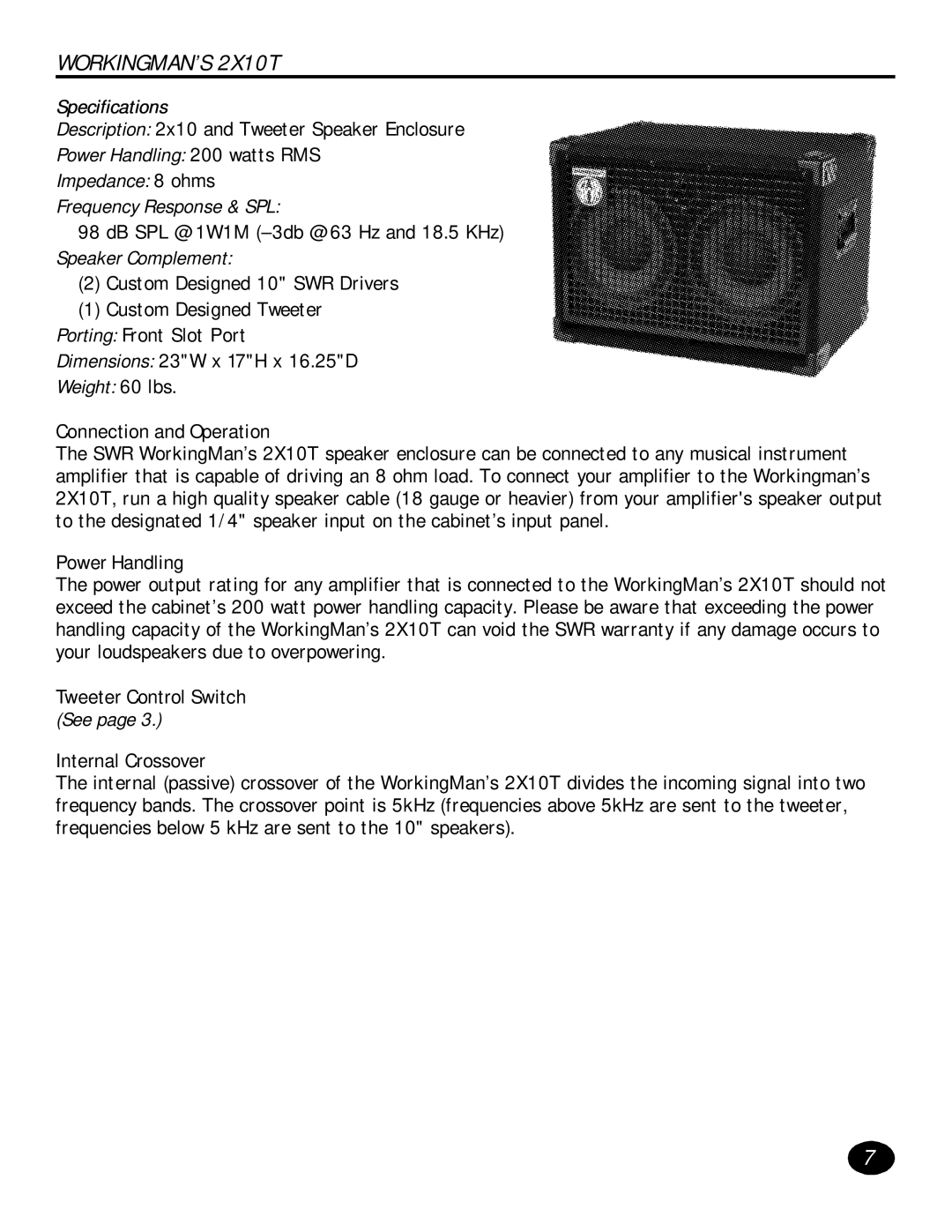 SWR Sound 1X10T manual WORKINGMAN’S 2X10T, Weight 60 lbs 